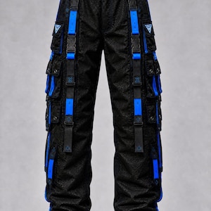 May include: Black cargo pants featuring a textured fabric, bright blue nylon straps, and multiple side pockets. The pants include a black waist belt with a plastic buckle, adjustable blue straps with buckles, and drawstring cuffs at the ankles.