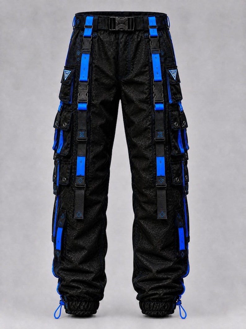May include: Black cargo pants featuring a textured fabric, bright blue nylon straps, and multiple side pockets. The pants include a black waist belt with a plastic buckle, adjustable blue straps with buckles, and drawstring cuffs at the ankles.