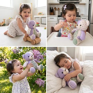 May include: A patchwork teddy bear featuring a mix of lavender, sage green, and white fabrics with floral and gingham patterns. The stuffed animal has a round head, stitched facial features, and articulated limbs, showcasing a multi-textured design.