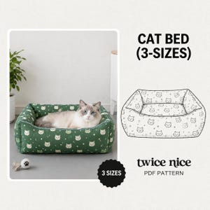 May include: A rectangular green cat bed with a white cat face and star pattern, featuring a fluffy interior. Next to it is a line drawing of the bed with the text CAT BED (3-SIZES) and twice nice PDF PATTERN, indicating 3 sizes.