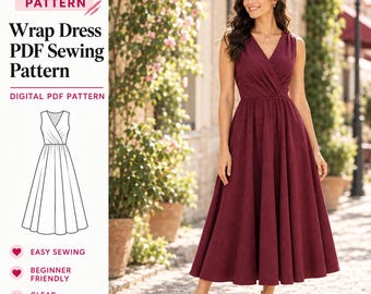 Wrap Dress Sewing Pattern PDF, V Neck Dress Pattern, Sleeveless A Line Dress, Maxi Wrap Dress Pattern, Summer Dress PDF, XS-2XL