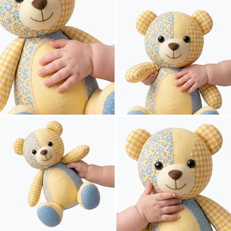May include: A patchwork teddy bear constructed from various fabric patterns including yellow and white gingham, blue floral print, and solid yellow panels. The stuffed toy features black button eyes, a brown stitched nose, and a stitched mouth.