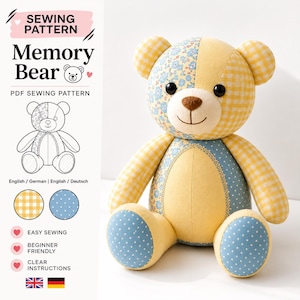 Memory Bear Sewing Pattern PDF, Patchwork Bear, Keepsake Teddy Bear, Stuffed Bear Sewing Pattern, Heirloom Bear, 03 Sizes