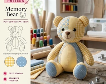 Memory Bear Sewing Pattern PDF, Patchwork Bear, Keepsake Teddy Bear, Stuffed Bear Sewing Pattern, Heirloom Bear, 03 Sizes