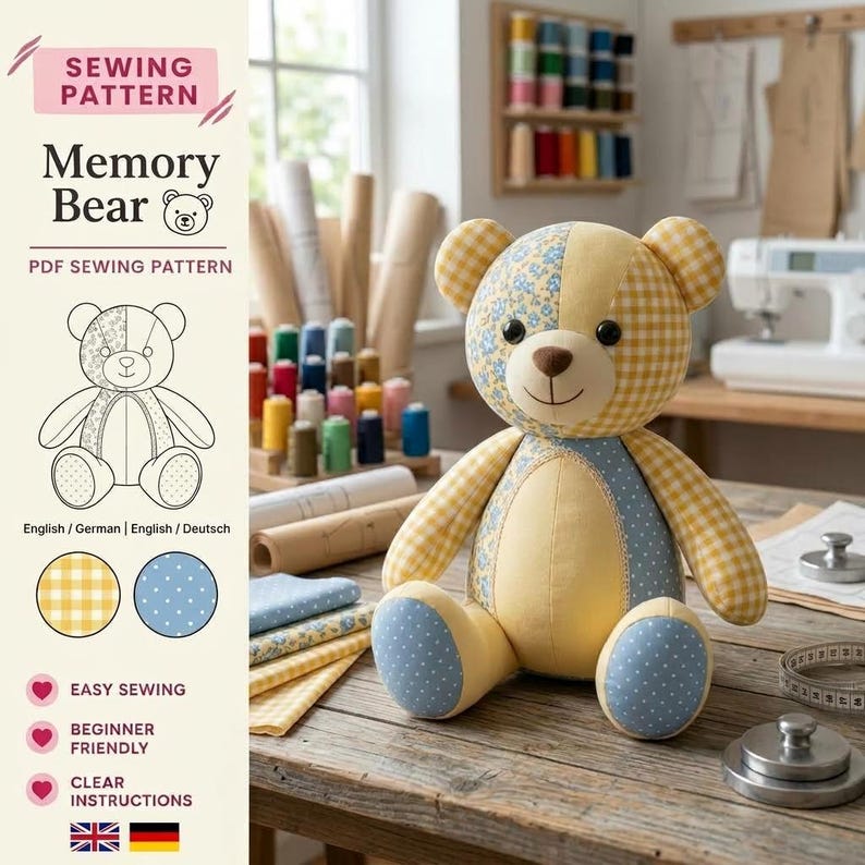 May include: A stuffed memory bear made from patchwork fabric in yellow gingham, blue polka dot, and blue floral patterns. The bear has black button eyes, a brown stitched nose, and a smiling mouth. The text reads SEWING PATTERN Memory Bear.