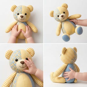 May include: A patchwork teddy bear constructed from various fabric patterns including yellow gingham, blue floral print, and solid yellow panels. The bear features dark round eyes, a brown stitched nose, and a stitched mouth on a light-coloured face.