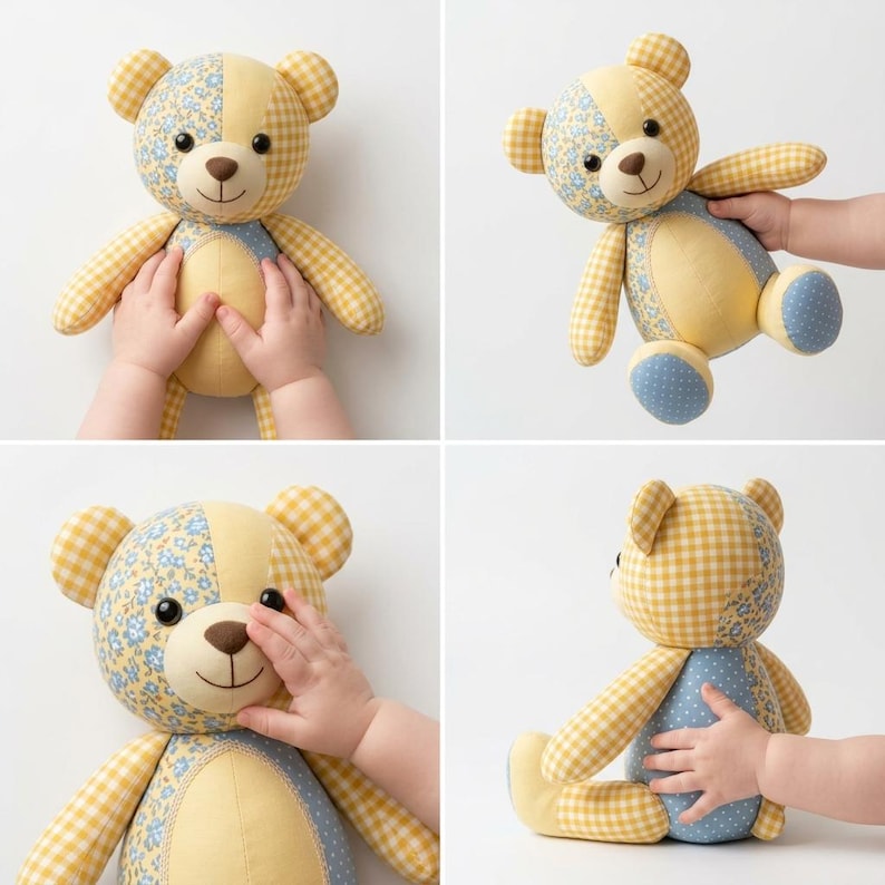 May include: A patchwork teddy bear constructed from various fabric patterns including yellow gingham, blue floral print, and solid yellow panels. The bear features dark round eyes, a brown stitched nose, and a stitched mouth on a light-coloured face.