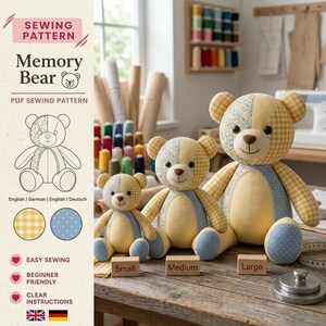 May include: Three memory bears in small, medium, and large sizes, crafted from patchwork fabric in yellow gingham, blue floral, and solid yellow patterns. Each bear features black button eyes and a stitched nose. Small wooden blocks label each size.