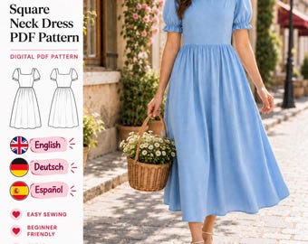 Square Neck Maxi Dress Pattern, Puff Sleeve Dress, Gathered Dress PDF, Sewing Pattern, Cottagecore, Summer Dress, A4 A0