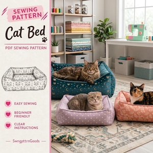 May include: A digital PDF sewing pattern for a cat bed featuring a line drawing of a rectangular pet bed with a cat and moon print. The image shows three finished cat beds in teal, lavender with white polka dots, and coral with floral patterns.