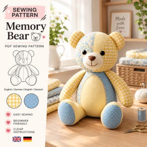 Patrón de costura PDF para oso de peluche conmemorativo, oso de patchwork, oso de peluche de recuerdo, patrón de costura para oso de peluche, oso de herencia, 3 tamaños