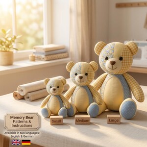 May include: Three stuffed bears in small, medium, and large sizes, crafted from yellow, blue, and white fabric with floral, gingham, and polka dot patterns. Each bear has black button eyes and a stitched nose. Small wooden blocks label each size.