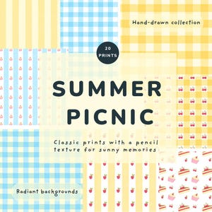 Op de afbeelding: Een digitale collectie van 20 Summer Picnic prints met handgetekende patronen en een potloodtextuur. De ontwerpen bevatten gele en blauwe vichy-ruitjes, verticale strepen en motieven van cupcakes, kersen en taartpunten op een lichte achtergrond.