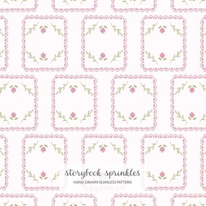 Può includere: Un motivo continuo con cornici rettangolari ripetute con bordi smerlati rosa su sfondo bianco. All'interno di ogni cornice ci sono due piccoli fiori rosa e due rametti verdi. Il testo recita storybook sprinkles HAND-DRAWN SEAMLESS PATTERN.