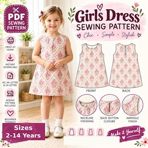 Aラインドレスの型紙（PDF）女の子用サマードレス、幼児用簡単ドレス型紙、サイズ2歳～14歳、即時ダウンロード可能、A0、A4、USレターサイズ