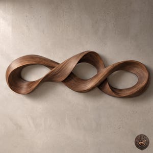Puede incluir: Una escultura de pared horizontal hecha de madera marrón oscura, con un diseño de bucle infinito fluido y continuo con patrones de veta de madera visibles. El objeto tiene una superficie lisa y curva que se tuerce para crear dos bucles abiertos.