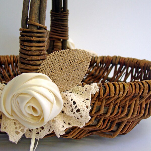Wedding Flower Basket Flower Girl Rustic Ivory Burlap
