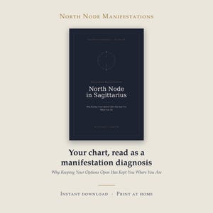 May include: A dark blue rectangular digital document titled North Node Manifestations: North Node in Sagittarius. The text reads: Why Keeping Your Options Open Has Kept You Where You Are. Below the document, the text states: Your chart, read as a manifestation diagnosis, Why Keeping Your Options Open Has Kept You Where You Are, Instant download, Print at home.