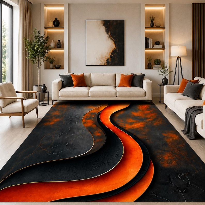 Orange Living Room Rug,comtemporary Geometric Rug,orange Black Rug ...