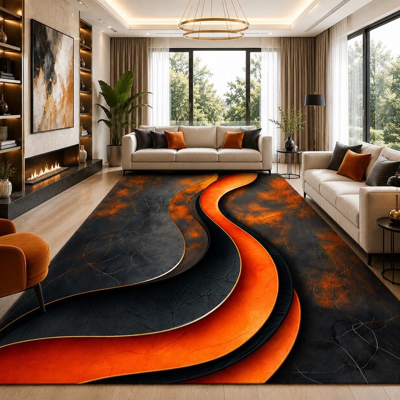 Orange Living Room Rug,comtemporary Geometric Rug,orange Black Rug ...