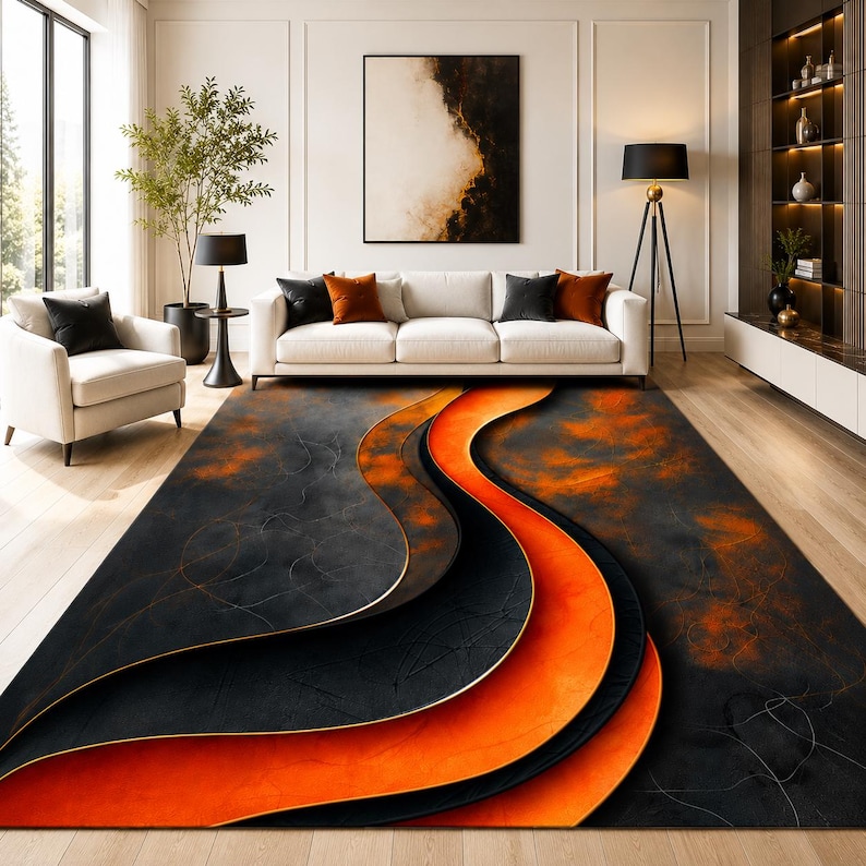 Orange Living Room Rug,comtemporary Geometric Rug,orange Black Rug ...