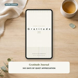 May include: A digital journal displayed on a tablet screen featuring a grid background, the text Personal Ritual Studio Gratitude Journal, and the subtitle 365 Days of Quiet Appreciation. The interface includes sections with grid and line patterns.