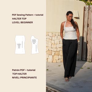Puede incluir: Un patrón de costura en PDF y tutorial para un top halter, de nivel principiante. La imagen muestra el texto PDF Sewing Pattern + tutorial HALTER TOP LEVEL: BEGINNER, junto con dos piezas de patrón en dibujo lineal blanco para la prenda.