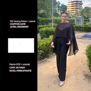 Puede incluir: Una capa de gasa negra sobre una camiseta negra y pantalones negros. El texto a la izquierda dice: Patrón PDF + tutorial, CAPA DE GASA, NIVEL: PRINCIPIANTE. Un pequeño diagrama blanco muestra el diseño del patrón para la confección.