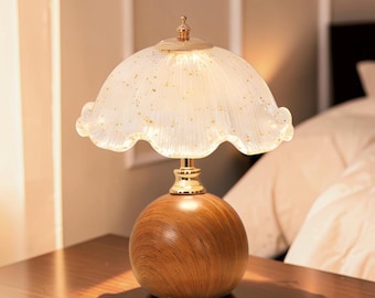 Vintage Glass Table Lamp – Ceramic Base Rechargeable Light with Scalloped Shade for Bedroom Home Decor