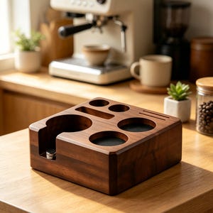 May include: A rectangular dark brown wooden coffee tamper station featuring multiple circular cutouts of varying sizes, a rectangular slot, and a side opening. The surface includes black circular inserts within the holes for holding espresso accessories.
