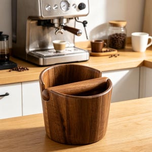May include: A cylindrical wooden knock box for espresso grounds featuring a smooth, polished finish with a horizontal bar across the top center. The container has a deep, open basin design crafted from natural wood with visible grain patterns.