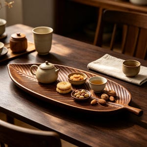 May include: A large, dark brown wooden serving tray shaped like a leaf with detailed vein carvings. It holds a small, speckled beige ceramic teapot, two matching ceramic bowls containing cookies and nuts, and a small cup filled with tea.