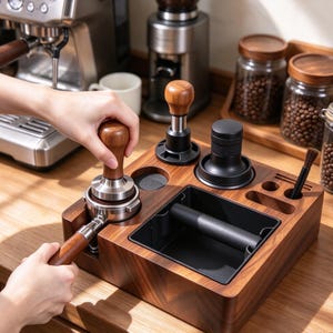 Estación de prensado de madera para espresso con caja para posos integrada, organizador de herramientas de barista y soporte para portafiltro.