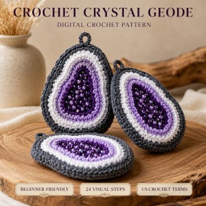 May include: Three crochet crystal geode ornaments featuring dark gray outer edges, white middle rings, and purple centers filled with small beads. The text reads CROCHET CRYSTAL GEODE, DIGITAL CROCHET PATTERN, BEGINNER FRIENDLY, 24 VISUAL STEPS, US CROCHET TERMS.
