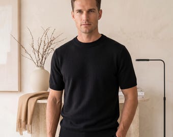 Men's Pure Wool Crew Neck Sweater | Short Sleeved Solid Color Spring Autumn Knitted Top