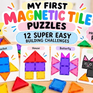 May include: A set of printable magnetic tile puzzle cards featuring 12 building challenges for ages 3-6. The cards display colorful illustrations of a rocket, house, butterfly, and cat constructed from red, blue, yellow, purple, and orange tiles.