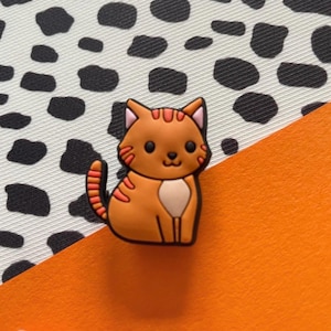 May include: A small, orange tabby cat charm featuring dark orange stripes, a white chest patch, pink inner ears, and black eyes. The cat is depicted in a seated position with its tail curled upward, showcasing a smooth, matte finish and defined black outlines.