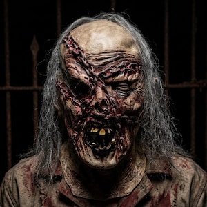 May include: A full-head mask featuring a pale, textured, and scarred face with embedded dark metal chains across the forehead and nose. The mask has long, thin, grey hair, a wide open mouth with yellowed teeth, and a blood-stained tan collared shirt.