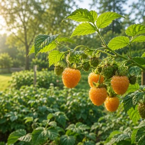 May include: A cluster of golden yellow raspberries hanging from a green leafy branch. The berries are round and textured, showing varying stages of ripeness with some still green and firm, while others are fully developed and vibrant yellow.