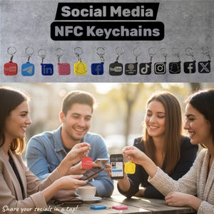 May include: A collection of square NFC keychains featuring various social media logos including YouTube, Telegram, LinkedIn, Instagram, Snapchat, Facebook, TikTok, and X. The keychains are displayed in multiple colours and monochrome designs.