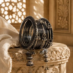May include: A set of dark, metallic bangles featuring a textured outer rim and smooth inner bands. Several silver-toned charms, including small bell-shaped jhumka pendants, hang from the bangles, creating a layered and intricate appearance.