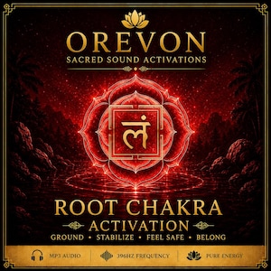 Op de afbeelding: Een digitale afbeelding met de tekst OREVON SACRED SOUND ACTIVATIONS en ROOT CHAKRA ACTIVATION. Een centraal rood lotus-symbool bevat een Sanskriet-teken. De achtergrond toont een donker landschap met rode verlichting en de woorden GROUND, STABILIZE, FEEL SAFE, BELONG, MP3 AUDIO, 396HZ FREQUENCY en PURE ENERGY.