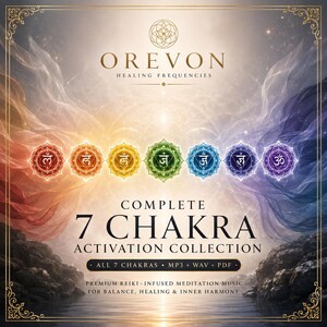 May include: A digital graphic titled OREVON HEALING FREQUENCIES COMPLETE 7 CHAKRA ACTIVATION COLLECTION. It features seven colorful circular chakra symbols arranged horizontally above text stating ALL 7 CHAKRAS MP3 WAV PDF and meditation music.