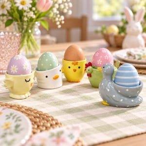 May include: A collection of five ceramic egg cups shaped like animals, including a yellow chick with closed eyes, a white chick, a yellow chick, a green hen, and a grey duck. Each cup holds a decorated Easter egg with floral or striped patterns.