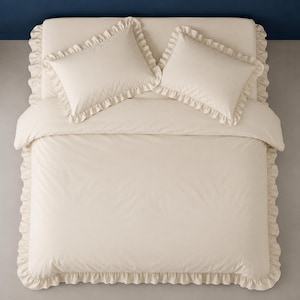 May include: A cream-colored bedding set consisting of a duvet cover and two matching rectangular pillow shams. The duvet cover and pillow shams feature a decorative ruffled edge trim along the perimeter, creating a soft and uniform appearance.