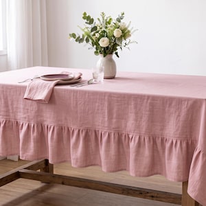 Blush Pink Linen Tablecloth, Ruffle Table Cloth, Farmhouse Dining Table Cover, Linen Table Linen, Rustic Wedding Tablecloth, Custom Size