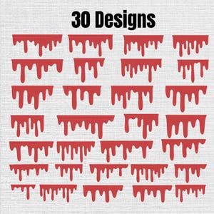 May include: A digital graphic collection featuring 30 distinct red drip designs arranged in a grid. Each element displays a unique pattern of vertical liquid-like drips extending downward from a straight horizontal top edge against a white background.
