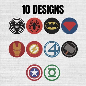May include: A collection of 10 circular superhero-themed patches or icons arranged in rows. The designs feature various emblems including a black eagle, a red spider, a yellow bat, a red diamond, a gold mask, a yellow lightning bolt, a blue number four, a grey hammer, a red, white, and blue shield, and a green lantern symbol.