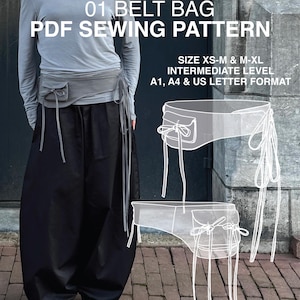 Puede incluir: Un patrón de costura PDF de riñonera gris con el texto 01 BELT BAG PDF SEWING PATTERN, SIZE XS-M & M-XL INTERMEDIATE LEVEL, A1, A4 & US LETTER FORMAT, y STUDIO BIEN. La imagen muestra una riñonera gris con un bolsillo pequeño y lazos largos.