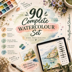 Può includere: Un set di arte digitale per Procreate intitolato 90 Complete Watercolour Set, con un tablet che mostra un paesaggio costiero, una tavolozza di acquerelli, un pennello e testo che descrive 90 pennelli e texture uniche.